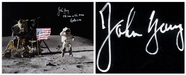 John Young Signed 10 x 8 Photo of Him Standing on the Moon Beside the U.S. Flag -- 9th man on the MOON -- With Steve Zarelli COA